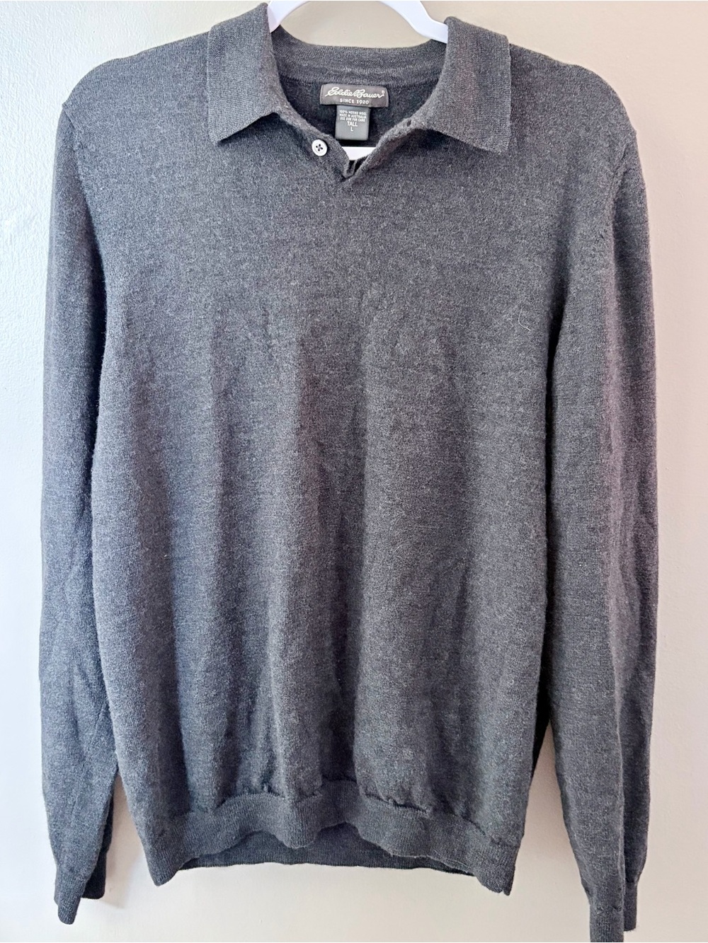 Eddie Bauer Men's 100% Merino Wool Long Sleeve Polo Sweater Grey Large Tall